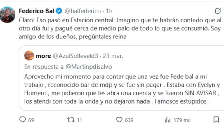 El cruce de Fede Bal con la empleada de un bar que lo acusó de irse sin pagar.