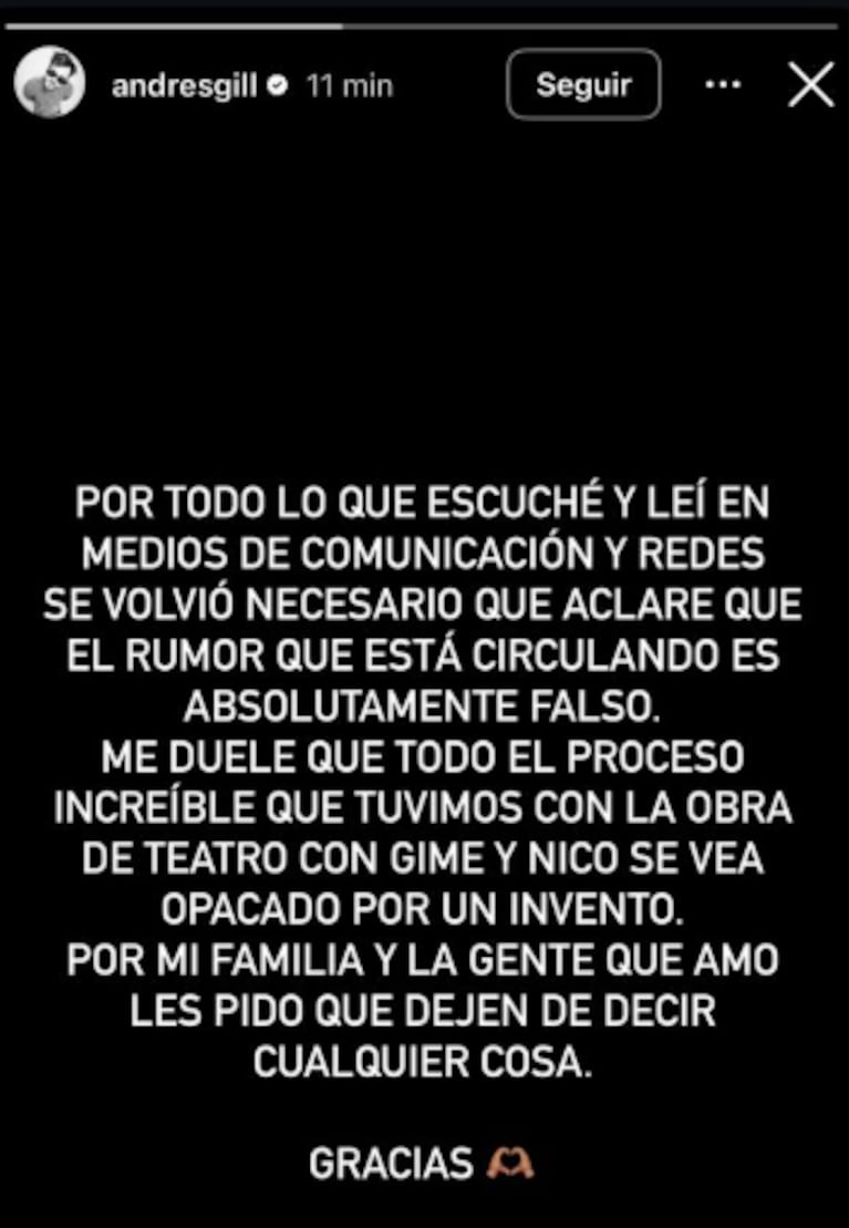 El descargo de Andrés Gil en su instagram.