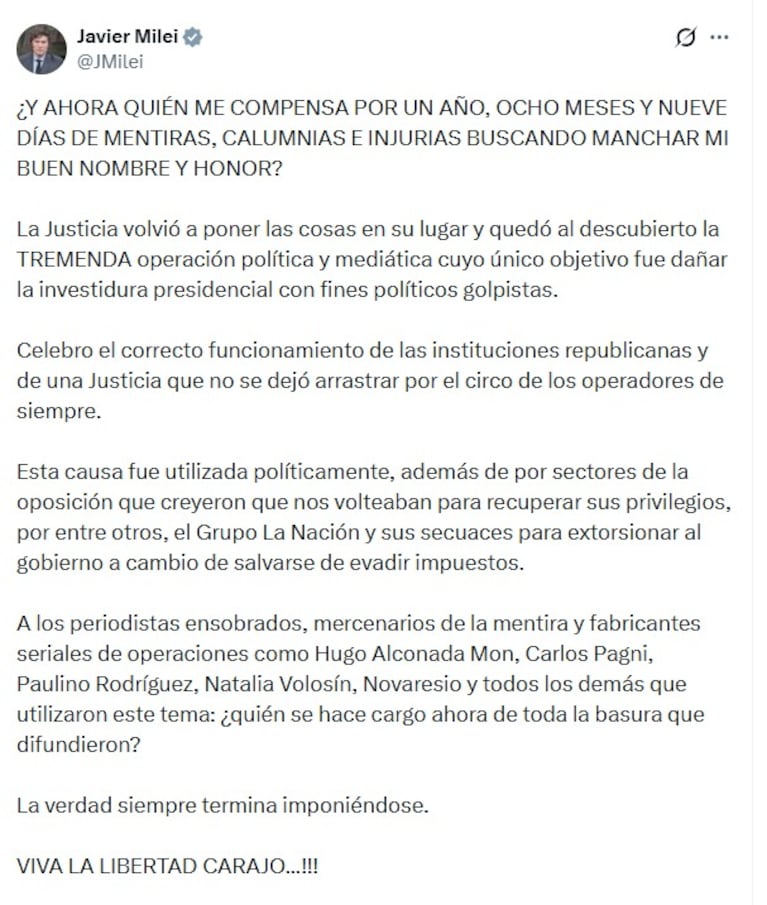 El descargo de Javier Milei.