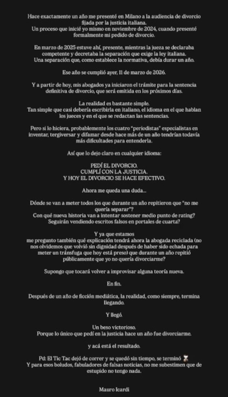 El descargo de Mauro Icardi por su divorcio de Wanda Nara.