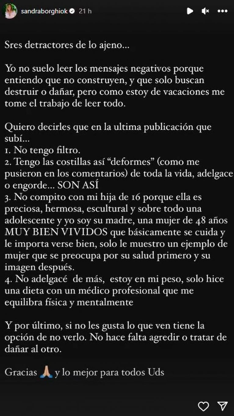 El descargo de Sandra Borghi al ser acusada de usar filtros: "48 años bien vividos"