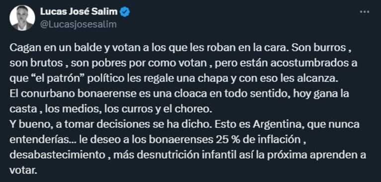 El descargo del desarrollista cordobés que deseó “desnutrición” a los bonaerenses: “No sé qué festejan”