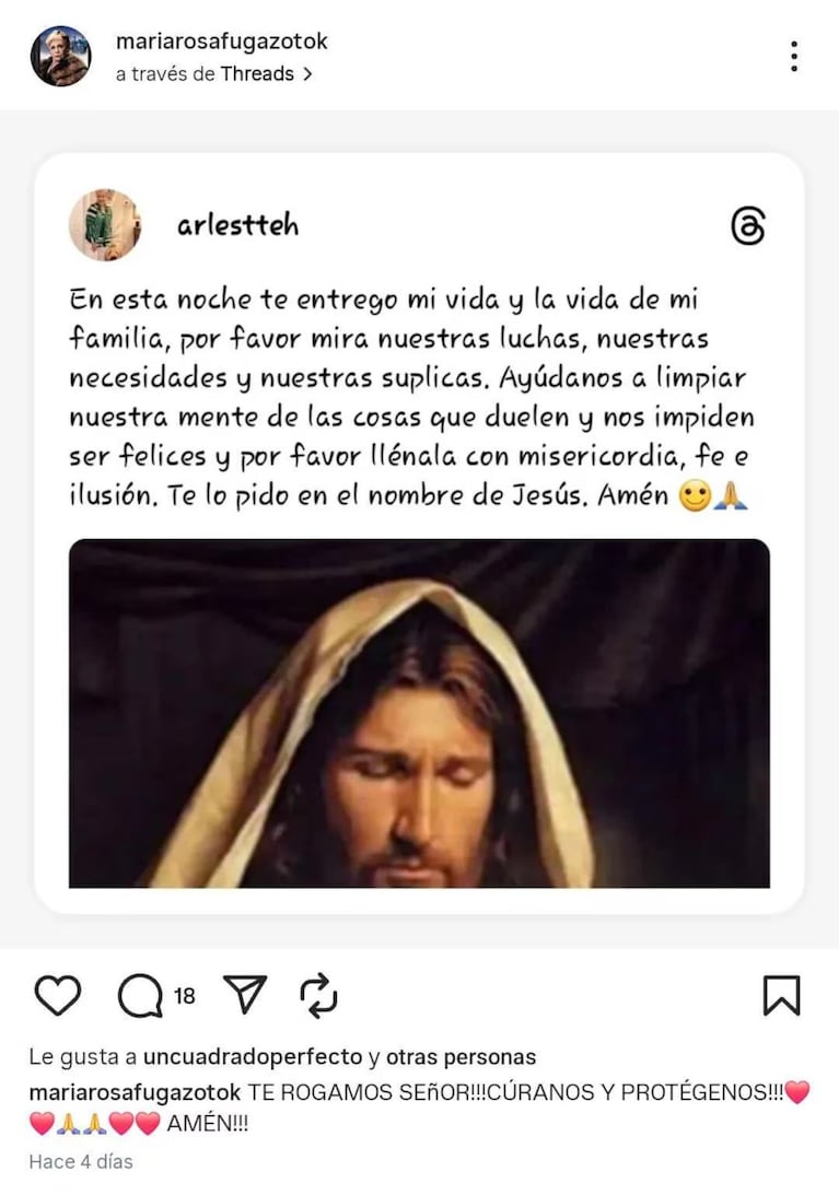 El desesperado pedido de María Rosa Fugazot en su cuenta de Instagram.