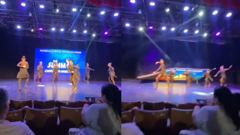 El desesperante momento en el que el cartel cayó encima de las bailarinas en el Teatro Acuario de Carlos Paz.