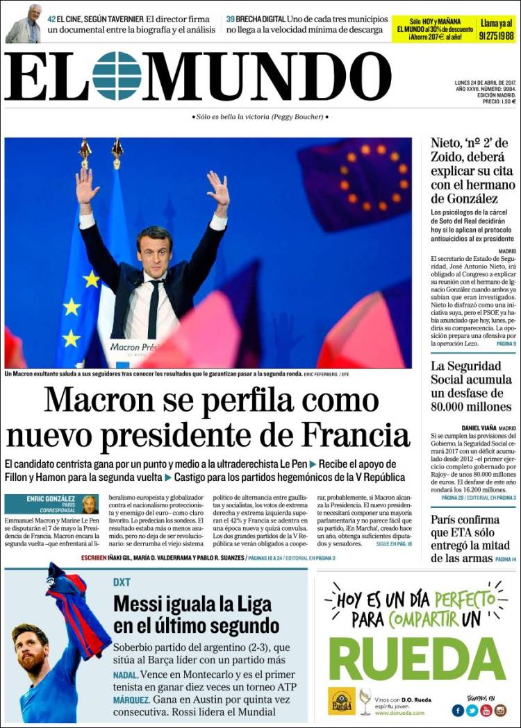 El diario El Mundo también le dio un lugar en la tapa. 