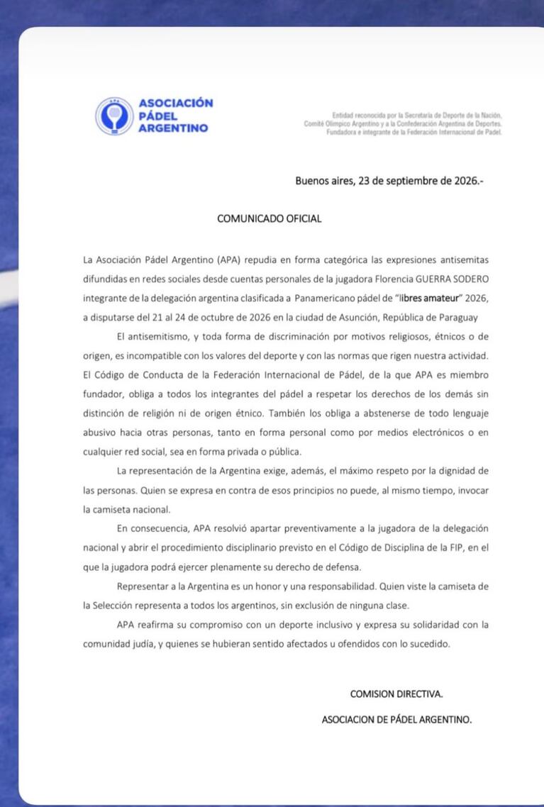 El durísimo comunicado de la Asociación de Pádel Argentino contra la cordobesa acusada de antisemitismo