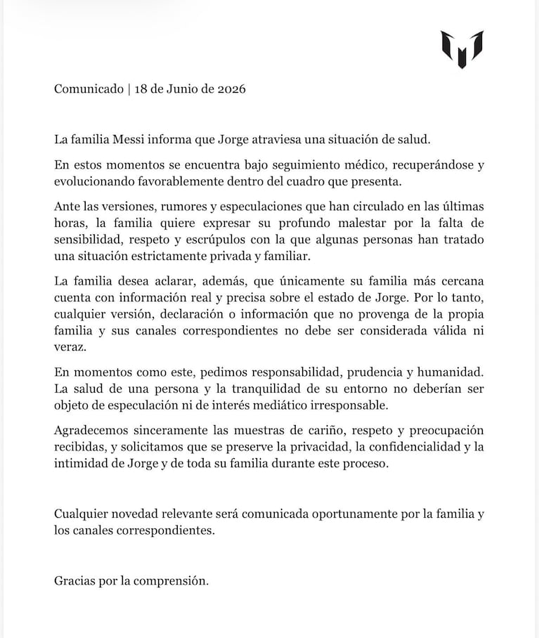 El duro comunicado de la familia Messi por la salud de Jorge, el papá de Lionel