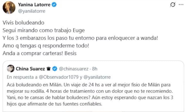 El duro cruce entre la China Suárez y Yanina Latorre.