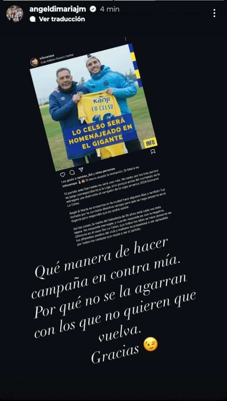 El enojo de Ángel Di María con los que no quieren que vuelva a Rosario Central