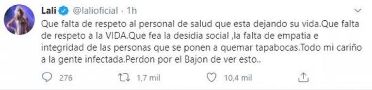 El enojo de Lali Espósito por la quema de barbijos en el Obelisco