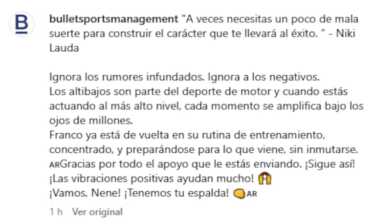 EL equipo de Colapinto apoyó al argentino ante los rumores de una posible salida del equipo.