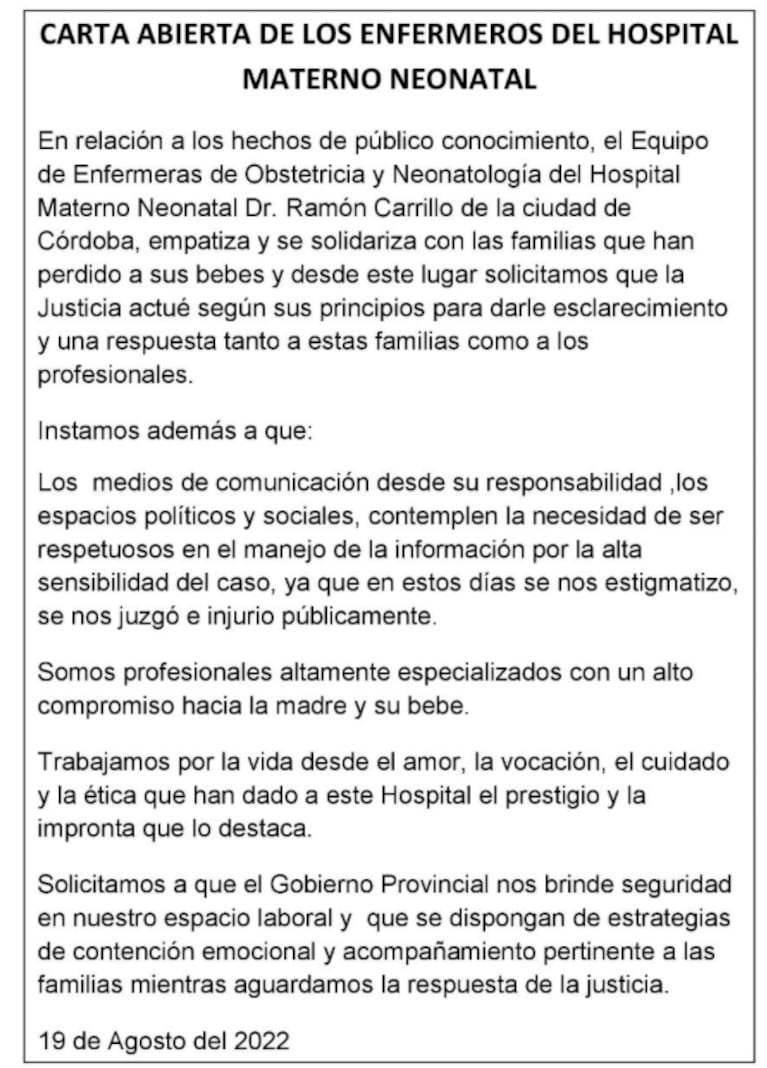 El equipo de enfermería del Hospital Neonatal publicó una "carta abierta"