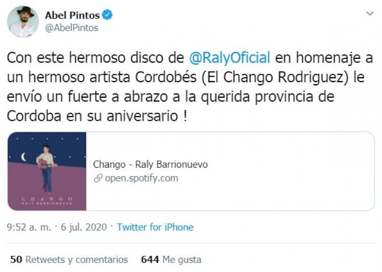 El error de Abel Pintos al enviar un saludo a Córdoba en su día