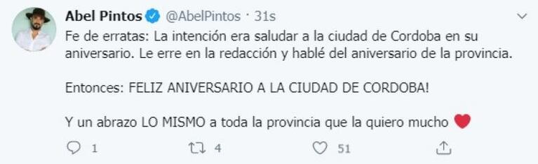 El error de Abel Pintos al enviar un saludo a Córdoba en su día