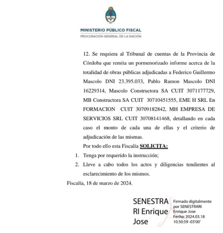 El exhorto emitido por el fiscal Enrique Senestrari.