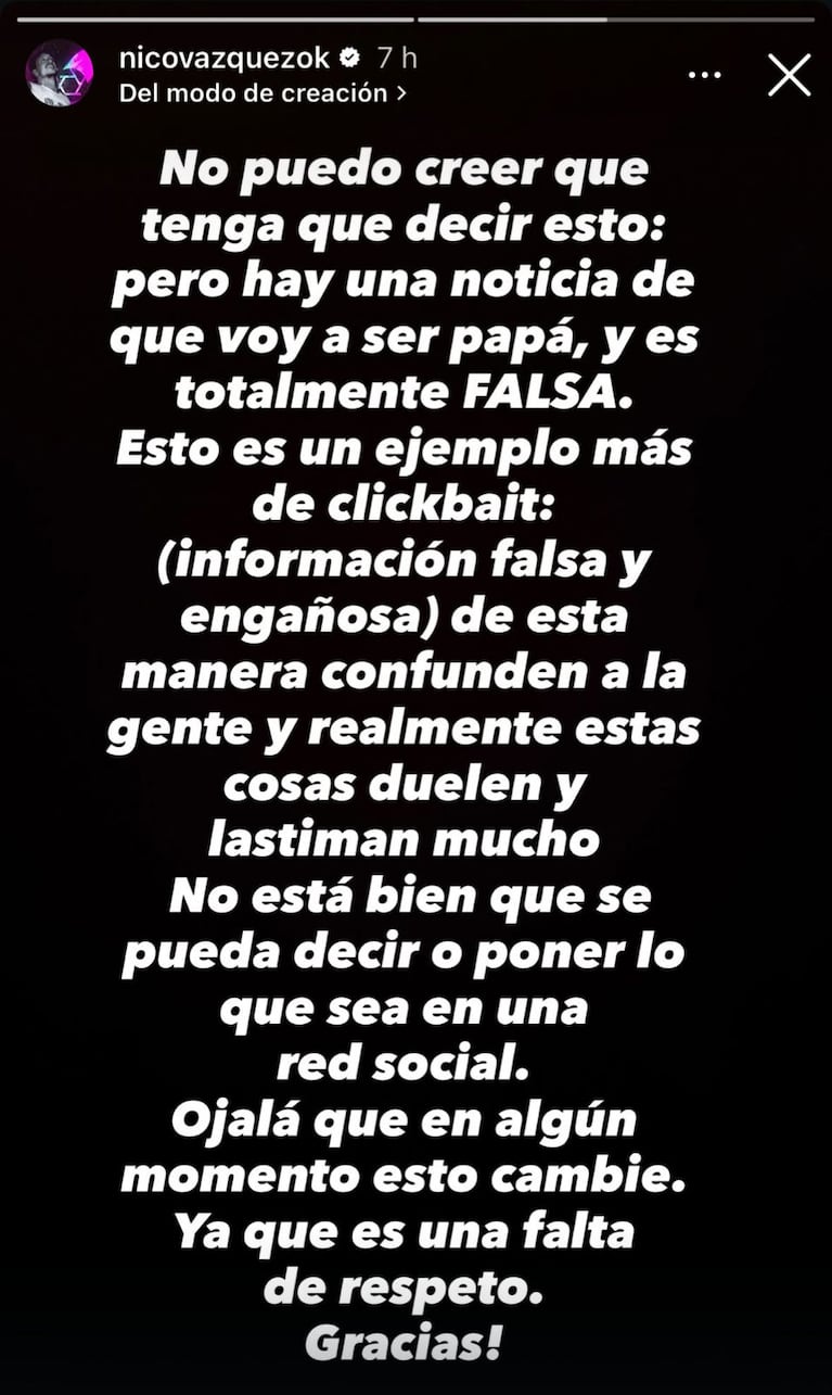 El fuerte descargo de Nico Vázquez en las redes.