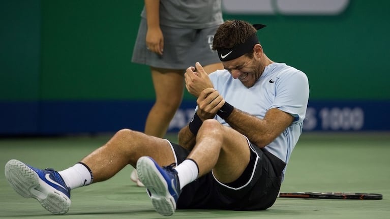 El gesto de dolor de Del Potro tras su caída en medio del partido.