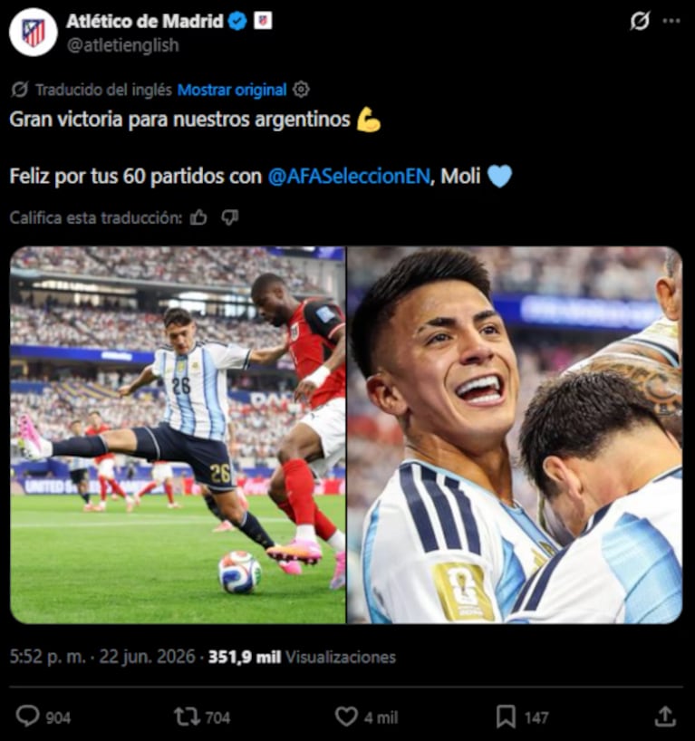 El gesto del Atlético de Madrid en X.