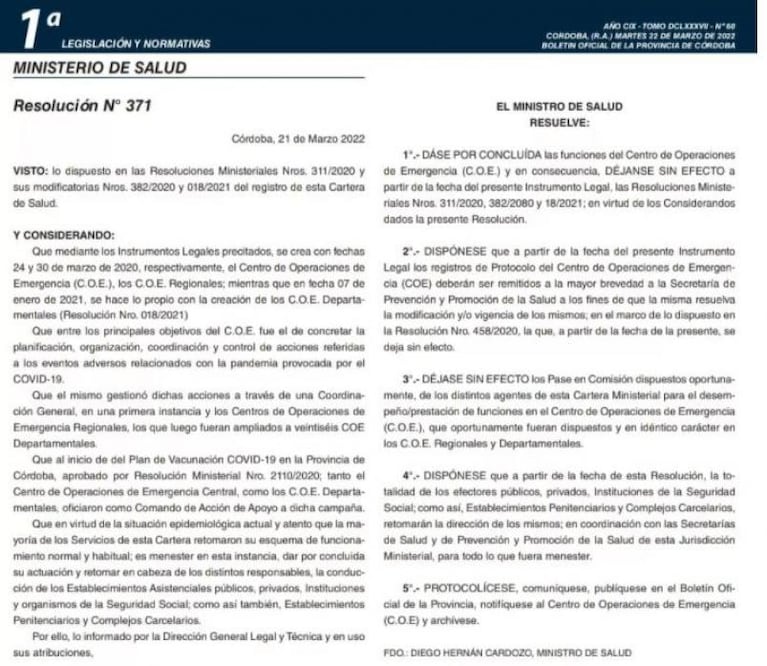 El Gobierno de Córdoba disolvió todos los COE