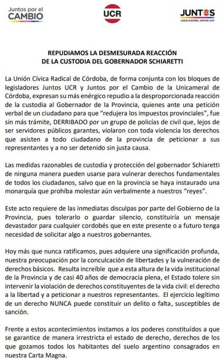 El Gobierno defendió el accionar de la custodia de Schiaretti