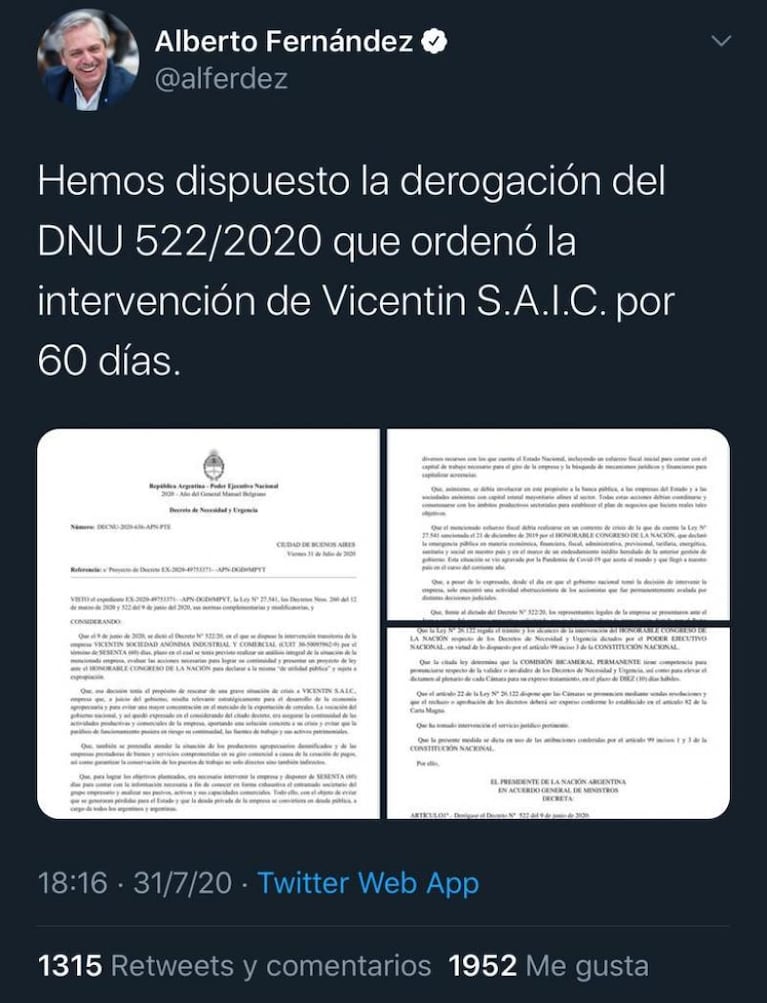 El Gobierno Nacional anuló por DNU la expropiación e intervención de Vicentín