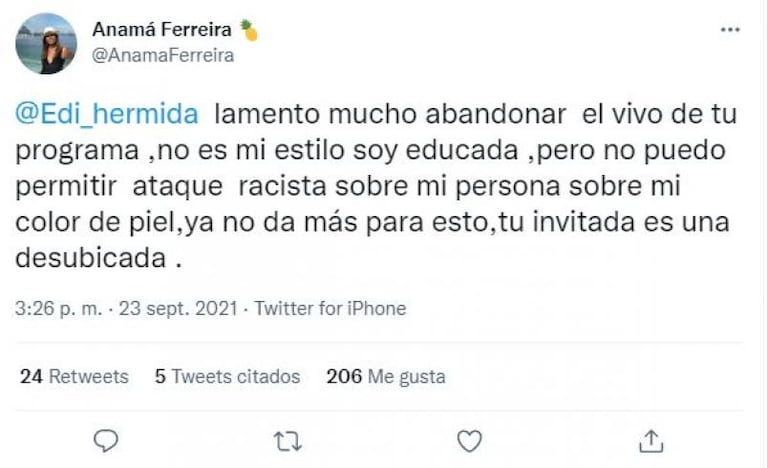 El grave insulto racista que recibió Anamá Ferreira en vivo: se fue del programa