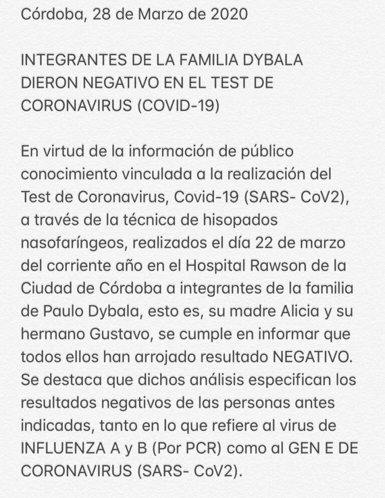 El hermano de Dybala anunció que le dio negativo el test de coronavirus