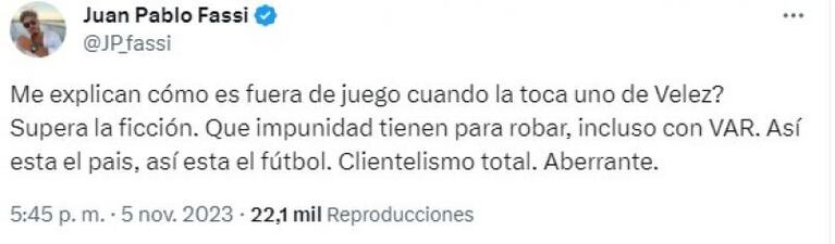 El hijo de Fassi estalló ante la polémica en Talleres-Vélez: "Supera la ficción"