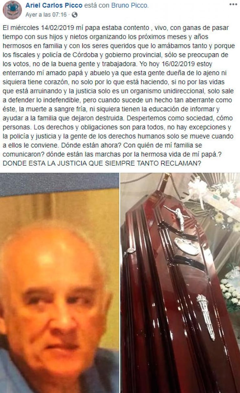 El hijo del jubilado asesinado escribió una desgarradora carta