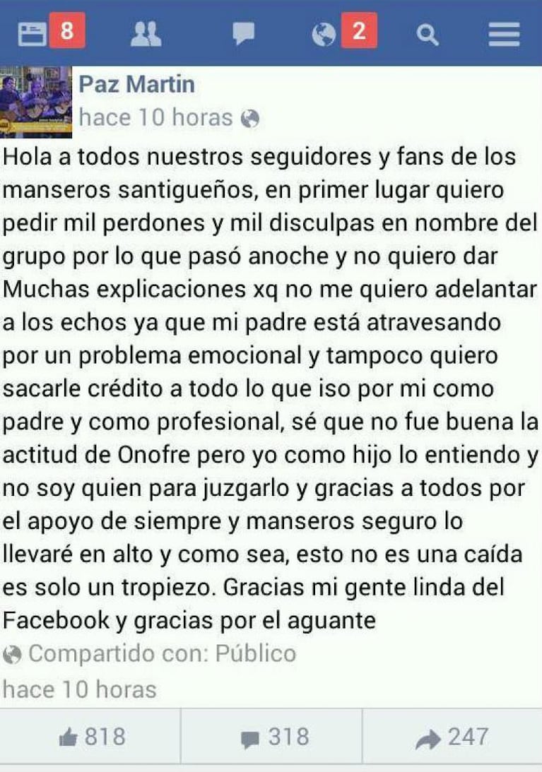 El hijo despedido de Los Manseros volvería a cantar