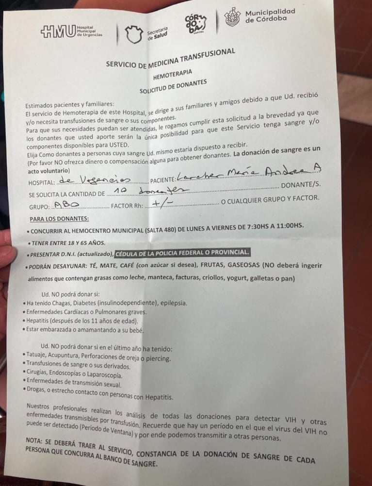 El Hospital de Urgencias solicita donadores de sangre para la joven herida. 