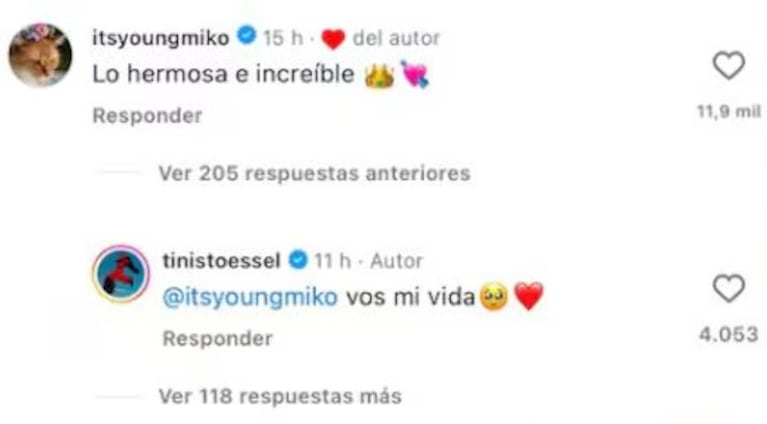 El ida y vuelta en redes entre Tini y Young Miko.