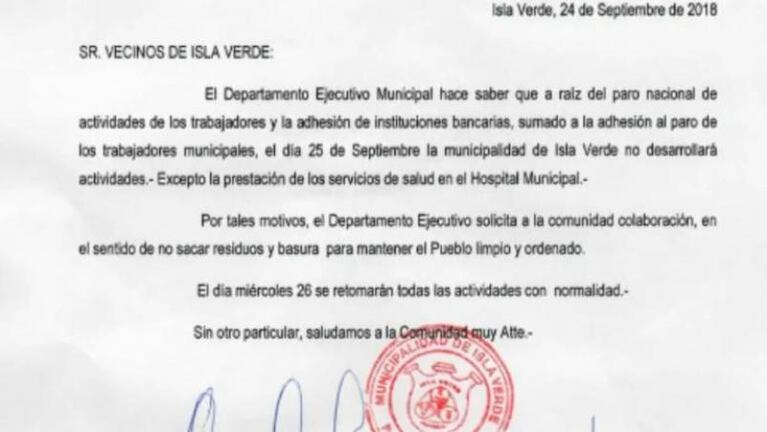 El intendente de Isla Verde decretó día no laborable por el paro