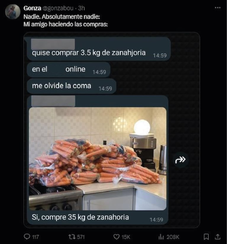 El joven compró demasiada zanahoria. (Foto: X/@gonzabou).