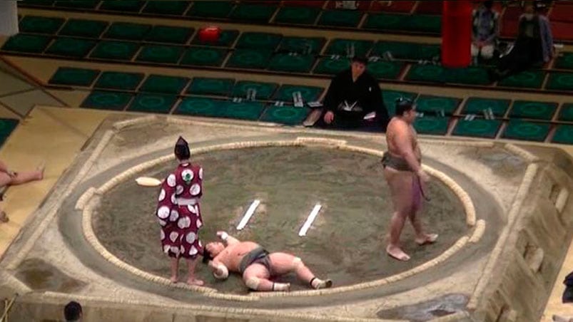 El luchador quedó tirado en el suelo y la pelea no pudo continuar.