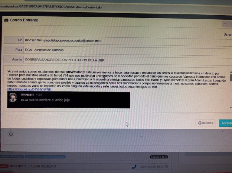 El mail amenazante que recibieron en la UBP.