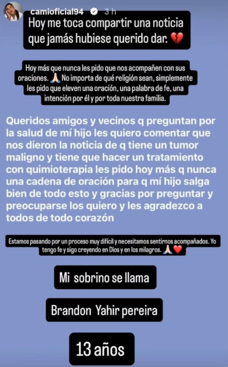 El mal momento de Camilota: pidió cadena de oración por un familiar muy cercano con un duro diagnóstico