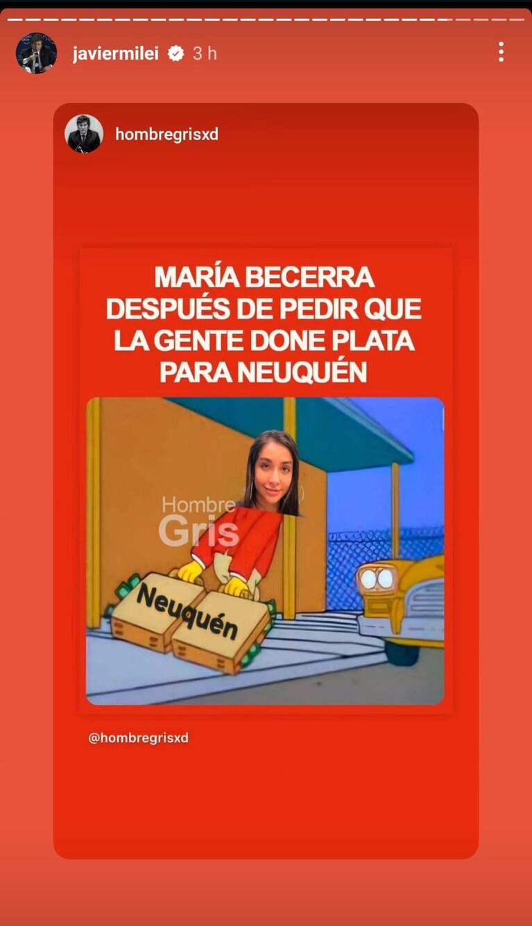 El meme de Milei en contra de María Becerra. (Foto: Instagram/@javiermilei)