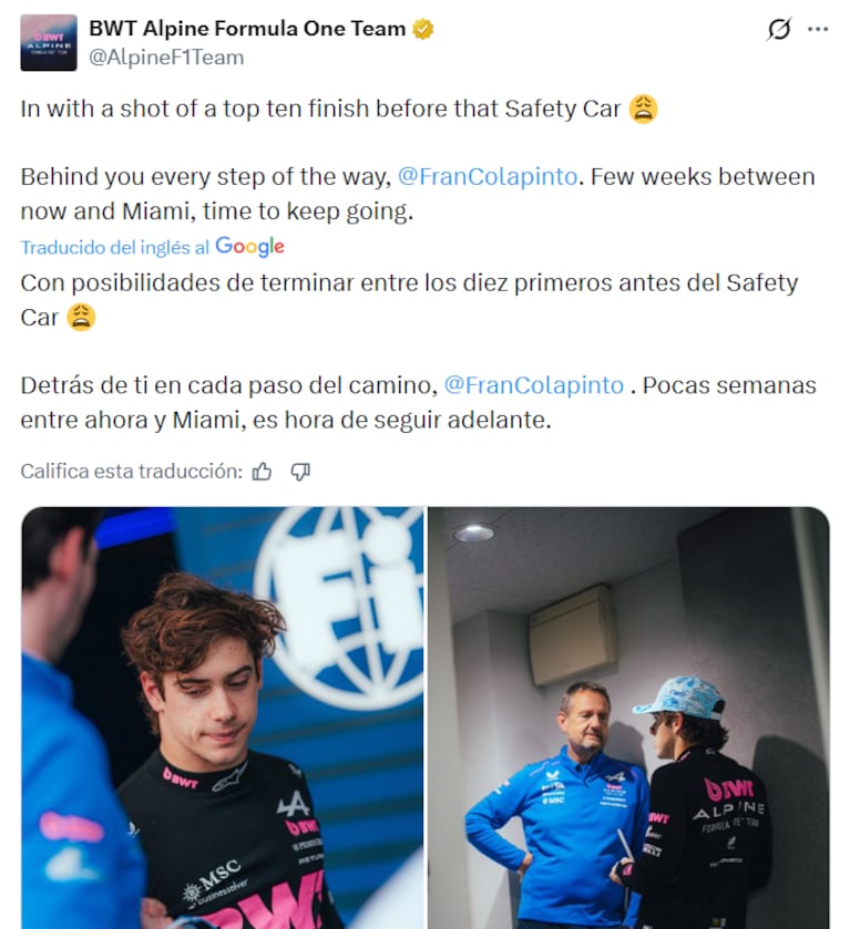 El mensaje de Alpine a Colapinto.