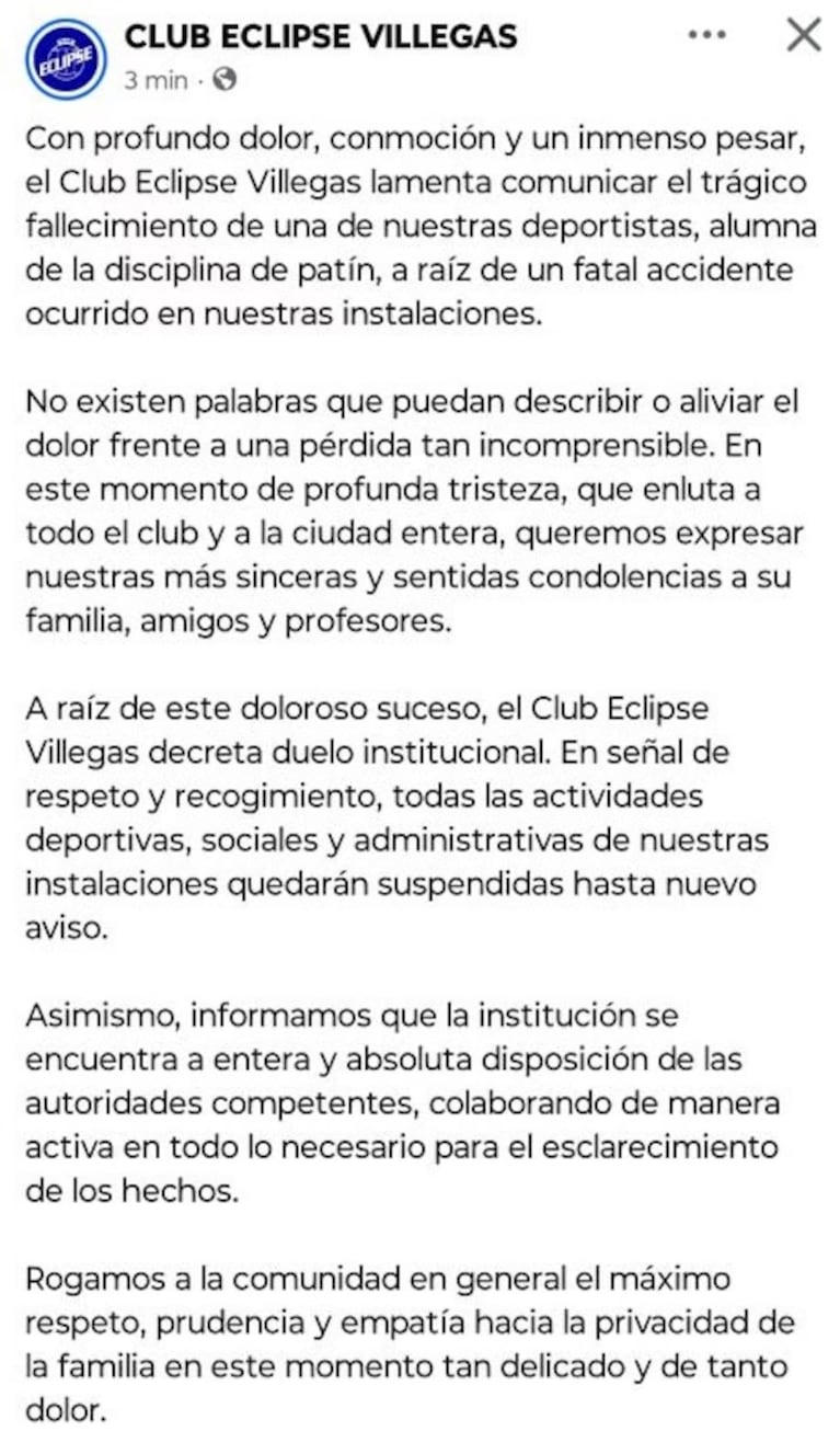 El mensaje de despedida del club en redes.