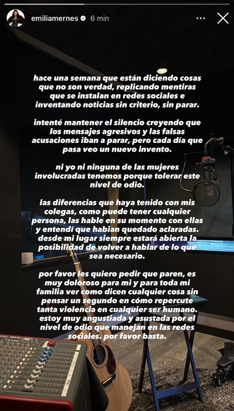 El mensaje de Emilia en redes.