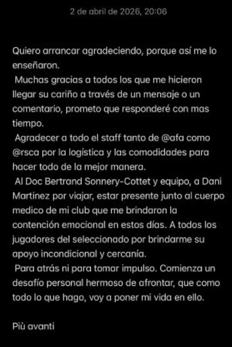 El mensaje de Joaquín Panichelli tras ser operado.