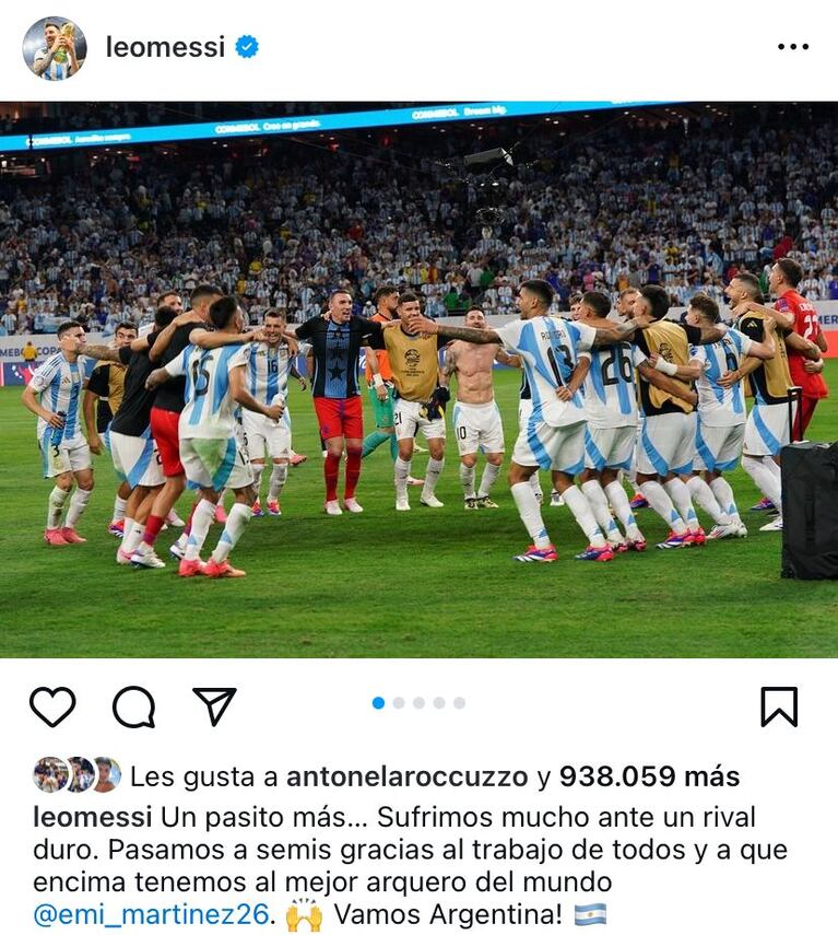 El mensaje de Lionel Messi tras el triunfo de Argentina ante Ecuador por los cuartos de final de la Copa América 2024. (Foto: Instagram leomessi).