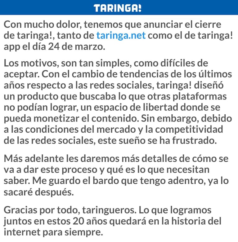 El mensaje de los dueños de Taringa!