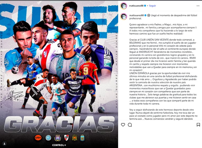 El mensaje de Matías Suárez en Instagram.