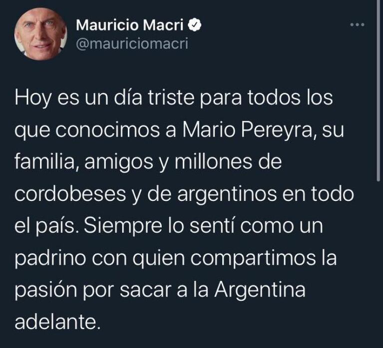 El mensaje de Mauricio Macri por la muerte de Mario Pereyra