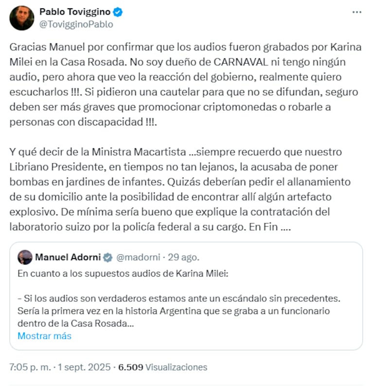 El mensaje de Pablo Toviggino contra el Gobierno.