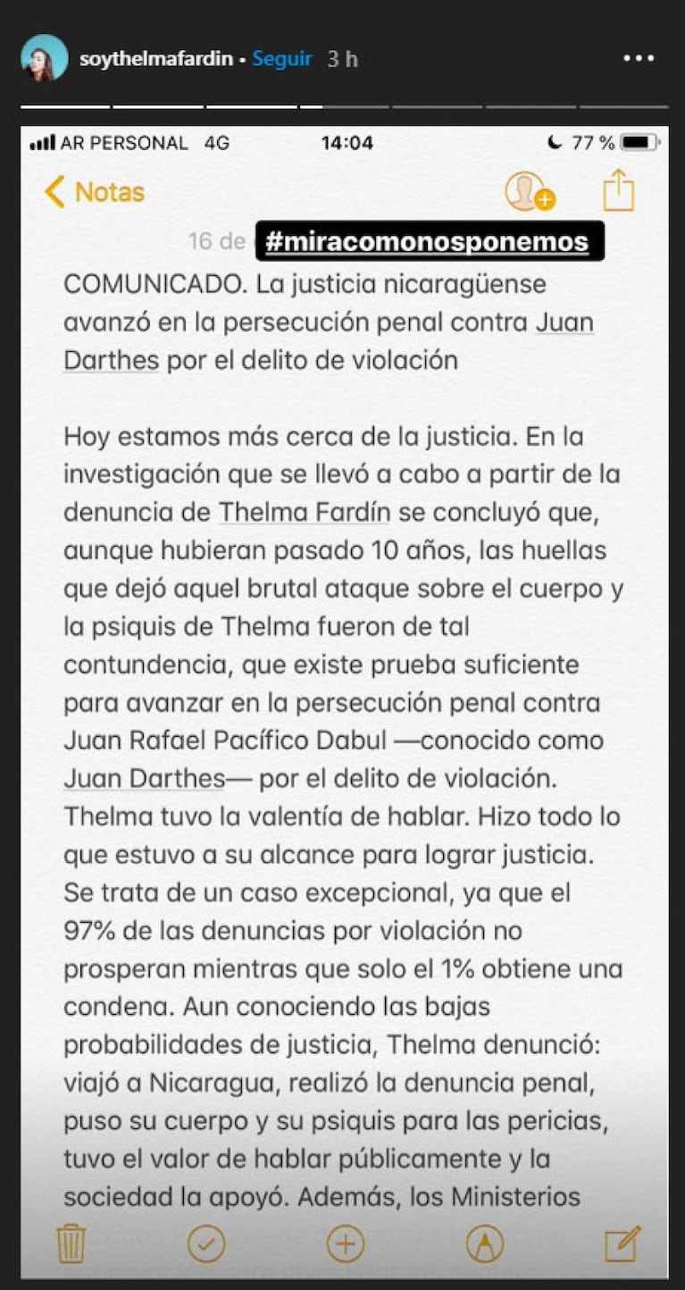 El mensaje de Thelma Fardin en las redes sociales tras el pedido de captura a Juan Darthés