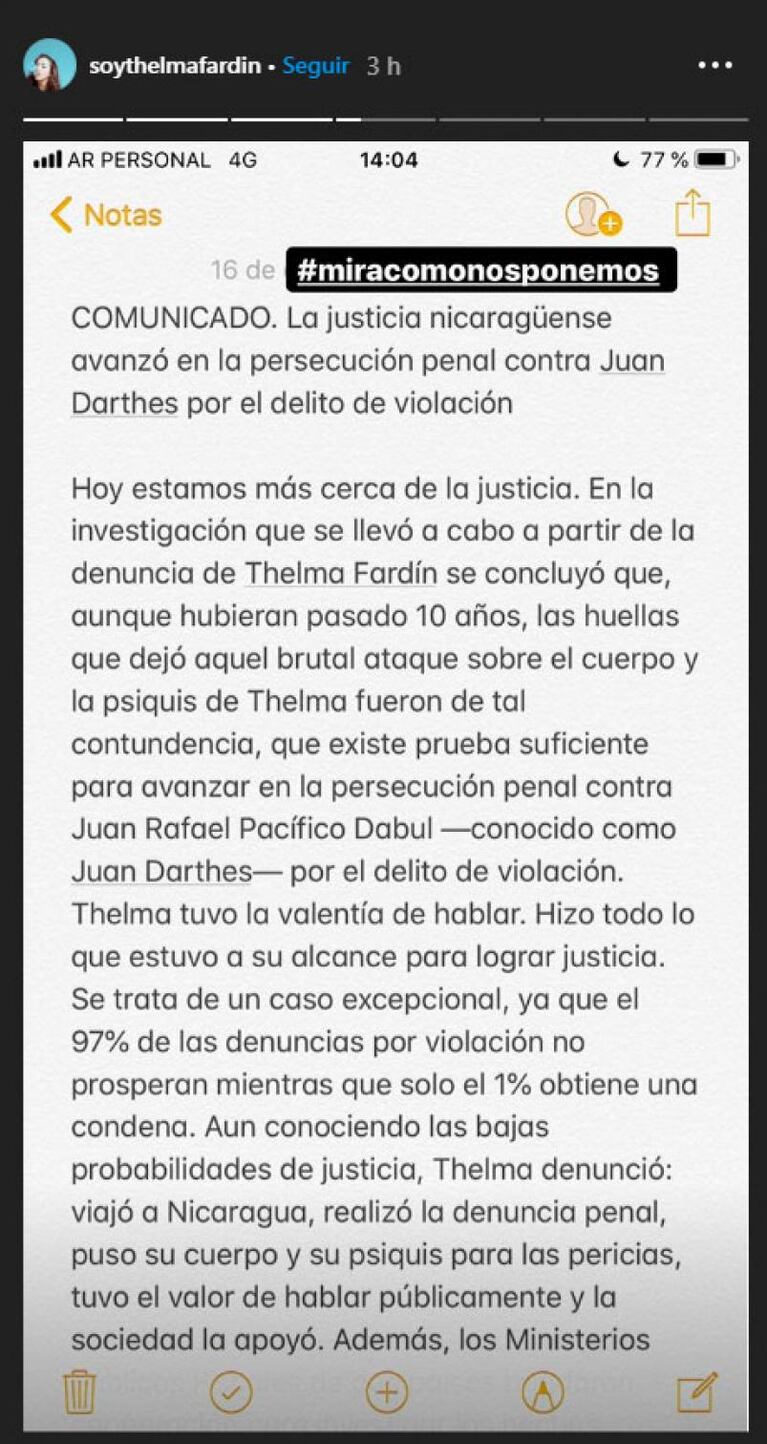 El mensaje de Thelma Fardin en las redes sociales tras el pedido de captura a Juan Darthés