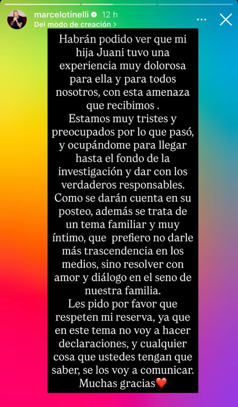 El mensaje de Tinelli tras el posteo de su hija Juana.